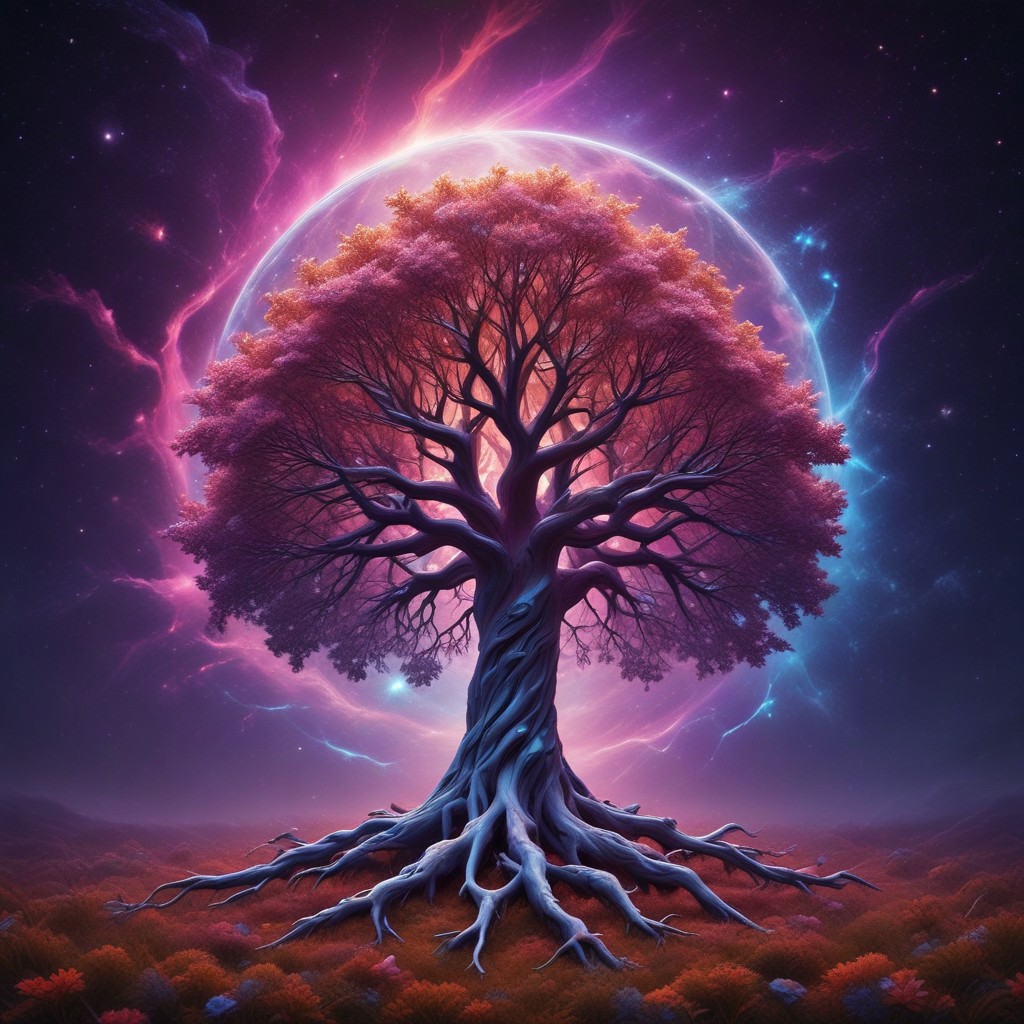 white huge tree grows from the black hole in the center of galaxy, fluorescent leaves, white glowing bark, alien colorful planets grow on branches of the tree, life energy flows through the roots of the tree, space, cosmic scenery, clouds of cosmic dust around, black background, hyperrealistic, photorealistic, atmospheric scene, depth of field, 8k quality, extreme detailed, colorful, award-winning masterpiece, abstract beauty