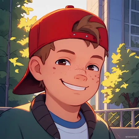 score_9, score_8_up, score_7_up, Expressiveh, young, looking at viewer, perfect face, colorful, dramatic angle,  school yard, bluejeans, school building in background, , smile, red hat, backwards hat, shirt, jacket, brown hair, freckles, 1boy, solo