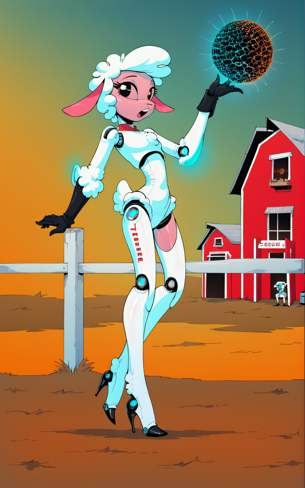 score_9, score_8_up, score_7_up,((best quality)), absurdres,  <lora:3d-2d:0.8>, <lora:TessPXL:1>,joints, robot joints,humanoid robot, helmet, glowing, science fiction,high heels,<lora:LeggyLambPXL:0.8>,LeggyLambPXL,sheep ears, furry, goat ears, pink skin,black eyes, slim, skinny,black gloves, long sleeves, gloves, white leotard, wool,body wool,boots,white hair,barn,outside, orange sky,holding energy ball,futuristic