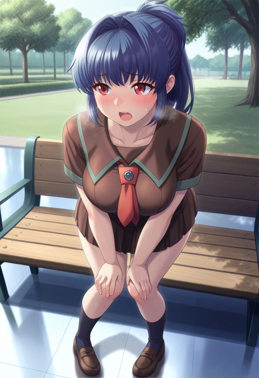 masterpiece, best quality, amazing quality, 1girl, solo, ikumiww, red eyes, blue hair, long hair, ponytail, hair intakes, large breasts, school uniform, brown serafuku, collarbone, brown shirt, short sleeves, red necktie, brown pleated skirt, <lora:Yasuda_Ikumi_Yuumei_Sakai_o_Koto_ni_Suru_ill:0.8>, from above, full body, standing, bent over, hands on own knees, pigeon-toed,  sweat, sweatdrop, blush, open mouth, heavy breathing, steaming body, outdoors, park, day, reflective floor, park bench, skindentation, detailed clothing folds, depth of field, sharp, high contrast, dynamic light