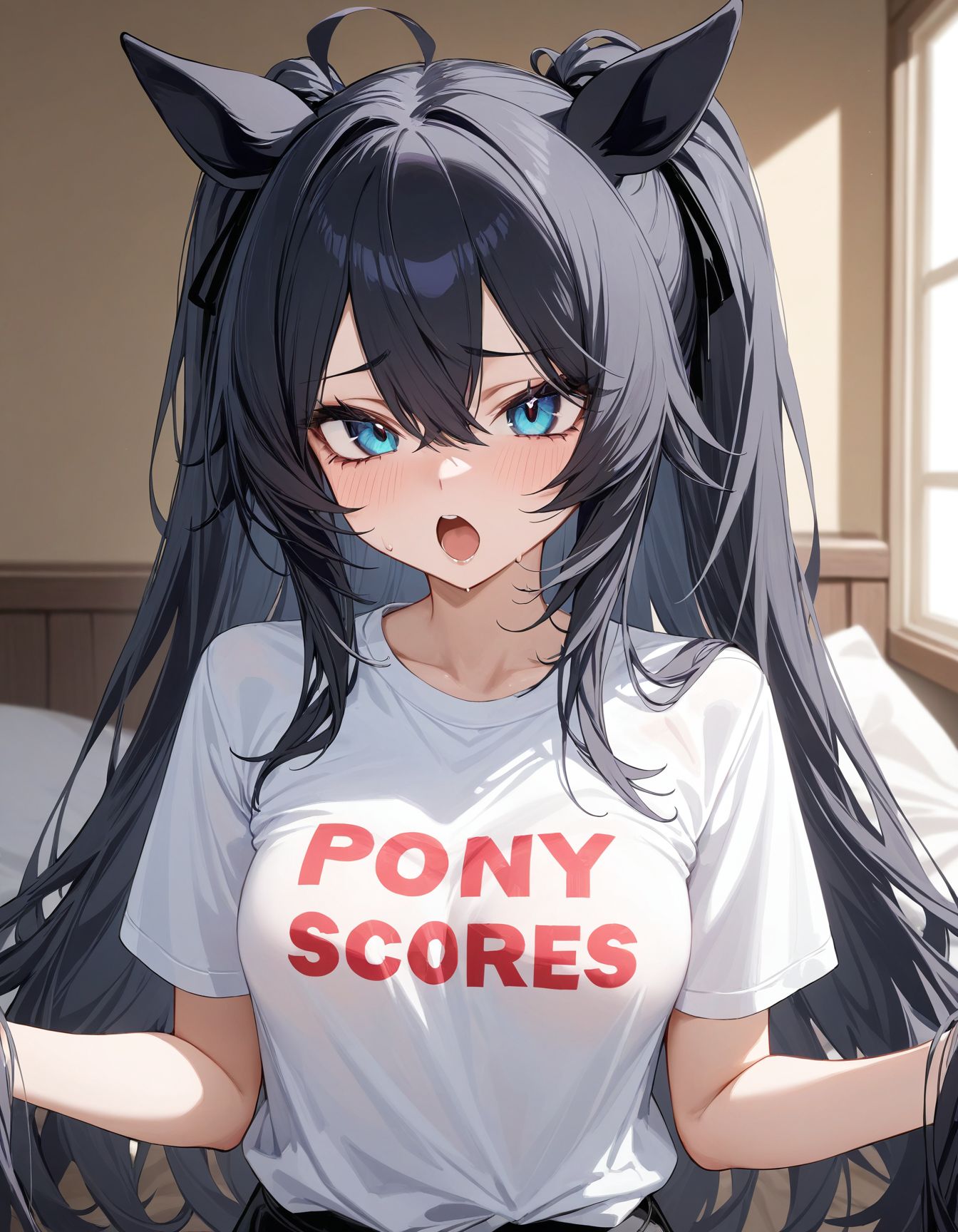 (shirt with text "Pony Scores":1.1), long hair,  open mouth, [medium breasts:0.3], masterpiece, best quality, emo,