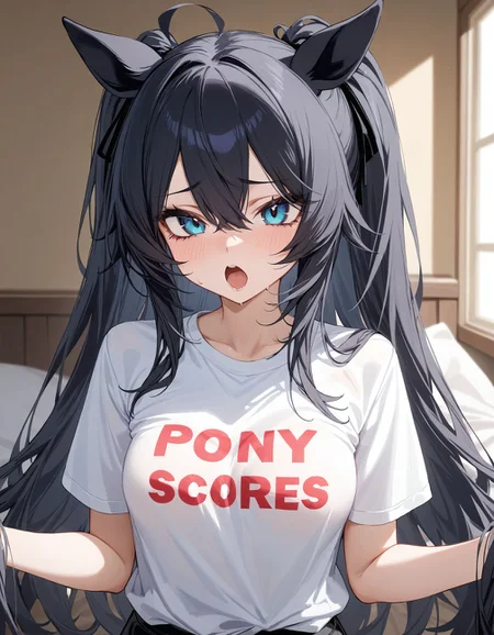 (shirt with text "Pony Scores":1.1), long hair,  open mouth, [medium breasts:0.3], masterpiece, best quality, emo,