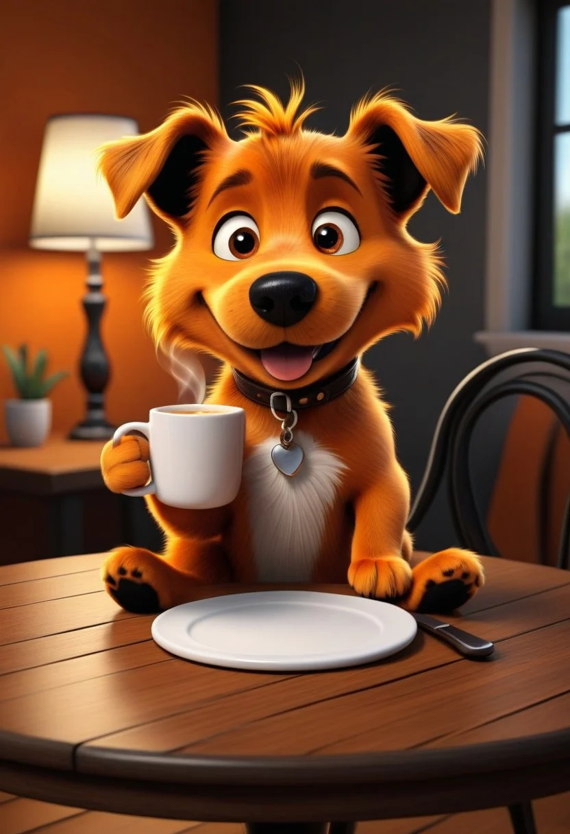 high quality, high resolution, extremely detailed, HavvoricFireDarkstyle cartoon dog sitting at table holding mug, orange fur, black nose, smile, indoors,