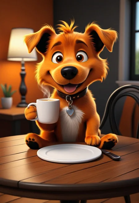 high quality, high resolution, extremely detailed, HavvoricFireDarkstyle cartoon dog sitting at table holding mug, orange fur, black nose, smile, indoors,