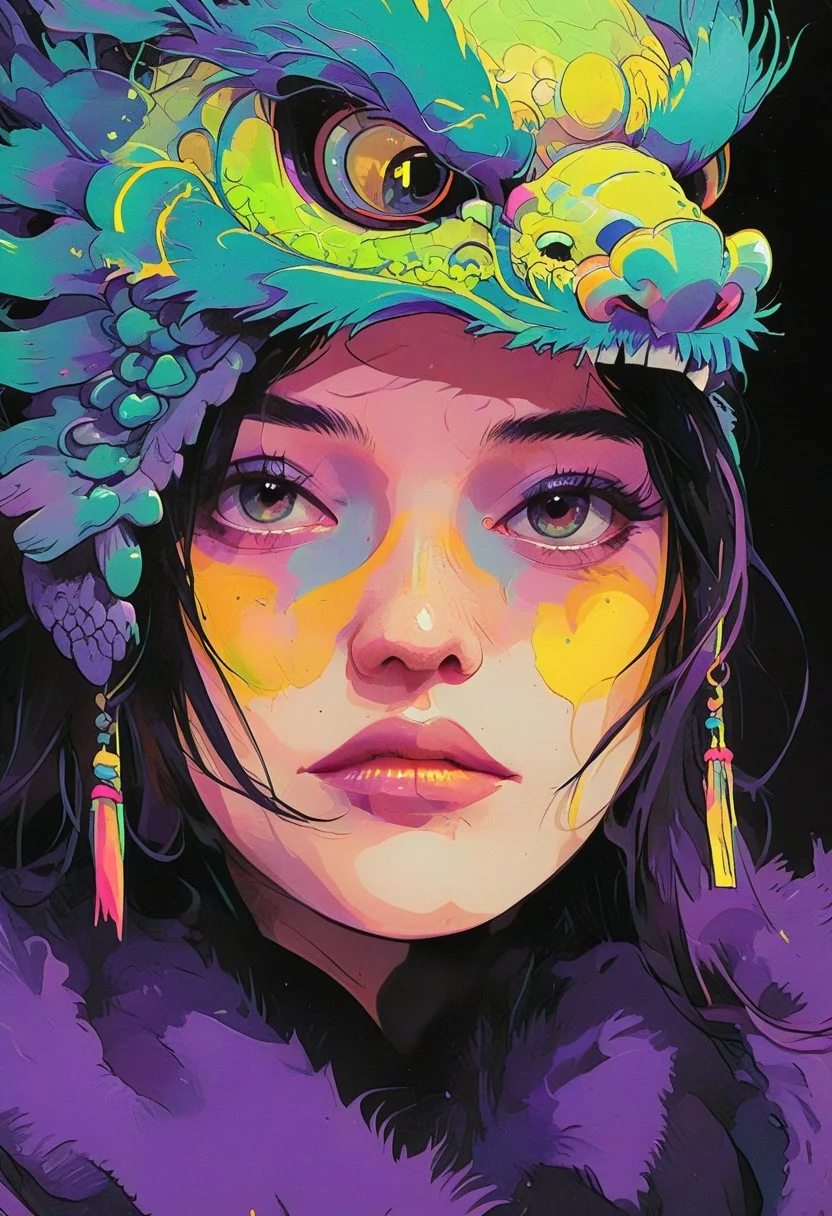 a woman with a large dragon-skull as a hat veiling her face, shadow veiling her eyes, Conrad Roset, pop art, pop surrealism, dark color gradet, very detailed 3d effect, deep image visualisation, extreme depth of field, create a pop-art hyperpunk scene with desaturated dark purple and neon-green details, colorful (polaroid:0.7) with vibrant colors, (vacations, high resolution:1.3), (small, selective focus, european film:1.2), (sexual advance:1.1), closeup
