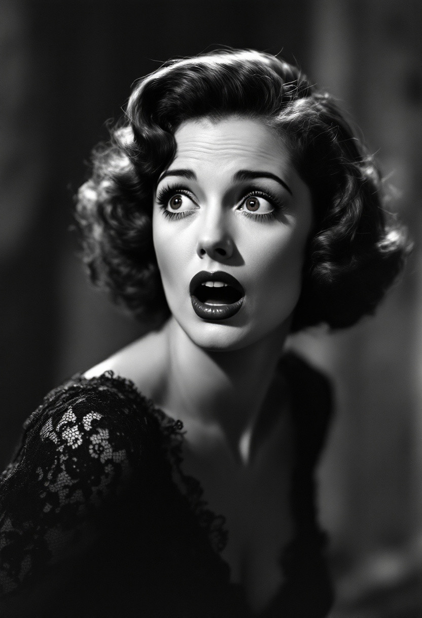 1930s housewife, gorgeous face, petit, black lace dress, hollywood lighting, black and white. Mouth wide open in shock. Shocked gaze. Dynamic shot, looking off camera.