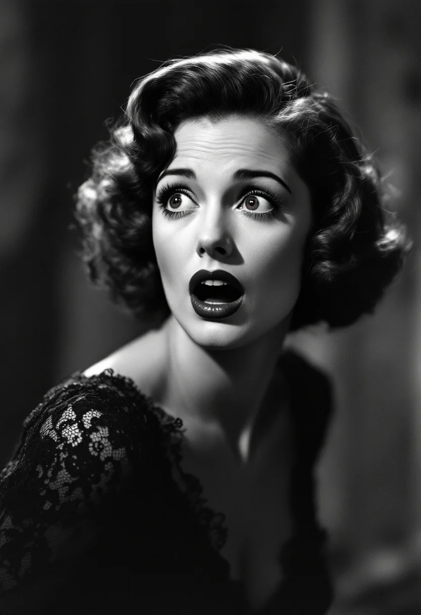 1930s housewife, gorgeous face, petit, black lace dress, hollywood lighting, black and white. Mouth wide open in shock. Shocked gaze. Dynamic shot, looking off camera.