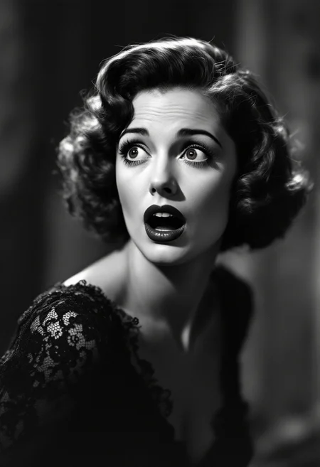 1930s housewife, gorgeous face, petit, black lace dress, hollywood lighting, black and white. Mouth wide open in shock. Shocked gaze. Dynamic shot, looking off camera.