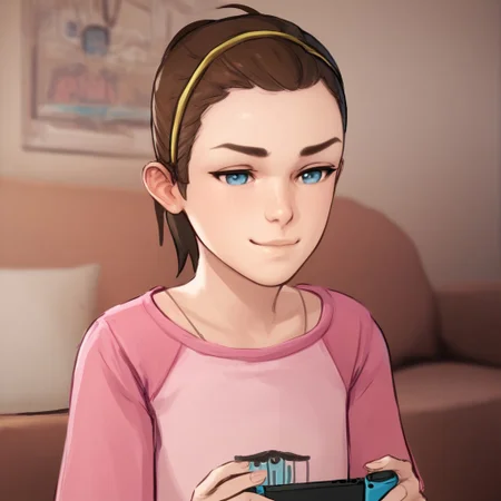 sketch, anime coloring, score_9, score_8_up, score_7_up, score_6_up, girl, Max-Caulfield, 1girl, shorts, ponytail, pink shirt, blue eyes, brown hair, solo, playing Nintendo Switch in the living room, on the couch, upper body. smug, lips parted