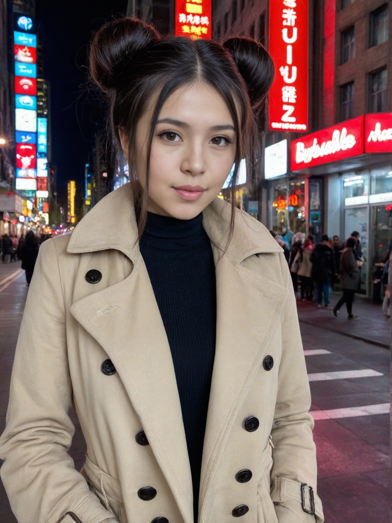 masterpiece,   8k,absurdres,very high quality,best quality, full body shot ,beautiful 24-year-old Chinese woman, highly-detailed brown eyes, eye reflection, brune, messy bun, side bangs, kissable lips, trench coat, peaceful expression, realistic, portrait, outdoors, night city, volumetric lightning,  Pekin background,
<lora:cfg_scale_boost:0.5>  ,  <lora:add-detail-xl:0.5>,