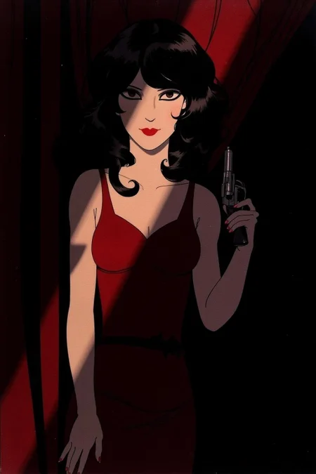 ernestogarciacabral1 illustration.
a mysterious woman with dark, wavy hair and piercing eyes stands in the shadows of a dimly lit room. She is holding a small revolver with a delicate yet firm grip. Her red lipstick is the only color that stands out in the darkness, her intentions unclear but dangerous.
<lora:ernestogarciacabral1_cap_d6a3:1.0><lora:849848239292163351:0>