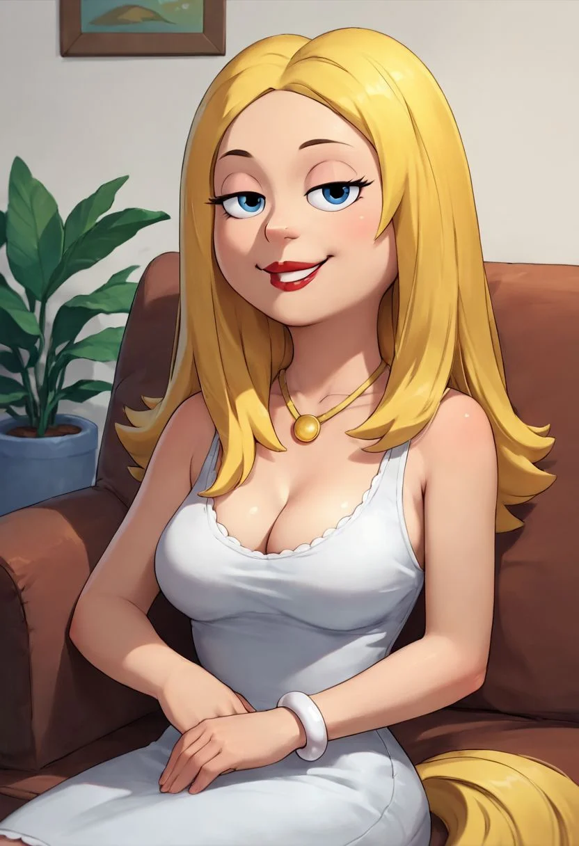 <lora:francinePony20epochs:1> francine, flat color, blonde hair, 1 girl, long hair, white bracelet, breasts, solo, necklace, cleavage, white dress, dress, red lips, standing, looking at viewer, in living room sitting, lying on side on sofa, upper body, breasts, smile, score_9, score_8_up, score_7_up, score_6_up, score_5_up, score_4_up