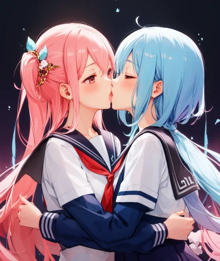 two girls, kiss, <lora:animeKissesLocon_v1:0.8>, school uniform
