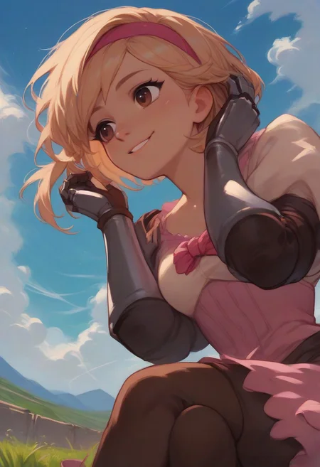 score_9, score_8_up, score_7_up, score_6_up, score_5_up, score_4_up, source_anime, 1girl, solo, djeetadef, pink hairband, dress, puffy sleeves, gauntlets, brown thighhighs, thigh boots, smile, adjusting hair, looking forward, sky, sitting on lawn, landscape, from below