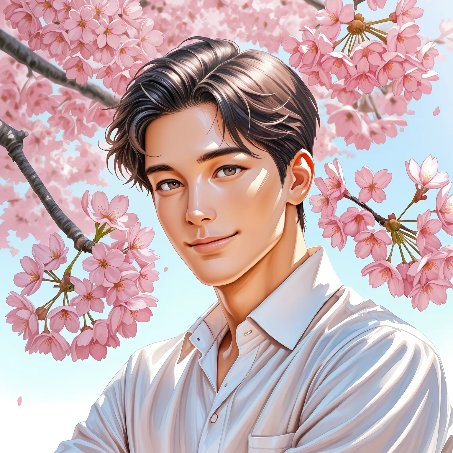 ten9erw4ter, solo, looking at viewer, smile, brown hair, shirt, black hair, 1boy, brown eyes, sitting, white shirt, upper body, flower, male focus, outdoors, day, collared shirt, cherry blossoms, pink flower, realistic, branch