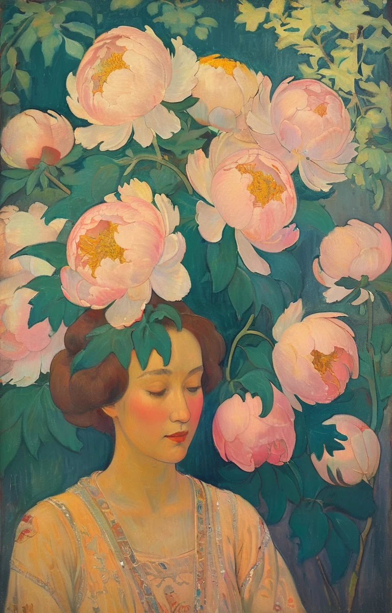 masterpiece,best quality,<lora:tbh380-sdxl:0.6>,illustration,style of Maurice Denis decaying peonies