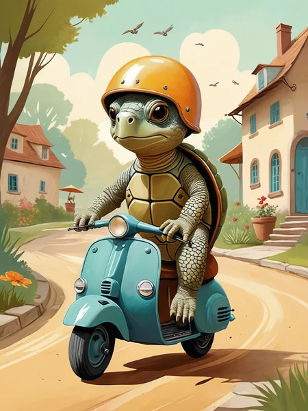 turtle riding vintage scooter with wearing helmet , illustration