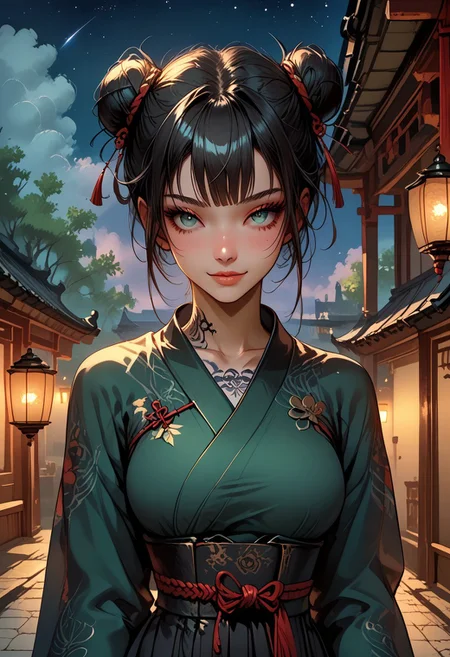 score_9, score_8_up, score_7_up, score_6_up, masterpiece, best quality, high res, pinup pose, source_ecchi, anime, ((ecchi)), ((nsfw)), high resolution , intricate detail, lush detail, really detailed face, Firm Anatomy, Body Tattoo,(Detailed Eyes), (Tight Waist), Detailed Eyes, Beautiful face, Beautiful and Aesthetic, Brilliant Colors, Character Enhance, ((detailed face)) <lora:Expressive_H-000001:0.8>, expressiveH, <lora:MythAnim3Style:0.8>, MythAn1m3, <lora:Pony_DetailV1.0:0.9> gthan, gothic
BREAK, (best quality), (ultra-detailed), (masterpiece), (perfect anatomy), erotic_style,shiny_skin, Scenery,  shiny, smile, curvy, closed mouth 
BREAK, (best quality), (ultra-detailed), (masterpiece), (perfect anatomy), (masterpiece), best quality, expressive eyes, perfect face, 1girl, breasts, blue_eyes, solo, cleavage, night, double_bun, hair_bun, looking_at_viewer, freckles, lantern, twin_braids, braid, large_breasts, bangs, blush, sky, outdoors, night_sky, east_asian_architecture, closed_mouth, wide_sleeves, smile, sash, collarbone, long_hair, long_sleeves, star_(sky), cherry_blossoms, architecture, black_hair, tree, chinese_clothes, hair_ornament, green_hair, starry_sky, shiny, shiny_skin
BREAK breasts focus, Scenery,  shiny, curvy