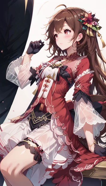 score_8_up,score_7_up,score_6_up,score_9,score_8_up,score_7,masterpiece,best quality,source_anime,blush,<lora:pony卿¼«ç»é£äºAmaiAnimePony:0.8>,<lora:Expressive_H:1>,<lora:Pony_å·é¸å¤§å:1>,1girl,bangs,brown hair,long hair,hair ornament,red eyes,dress,gloves,ahoge,black gloves,long sleeves,wide sleeves,jewelry,Chinese clothes,red dress, red footwear,detached sleeves,hair flower, ribbon,very long hair,white background, solo, looking to the side,