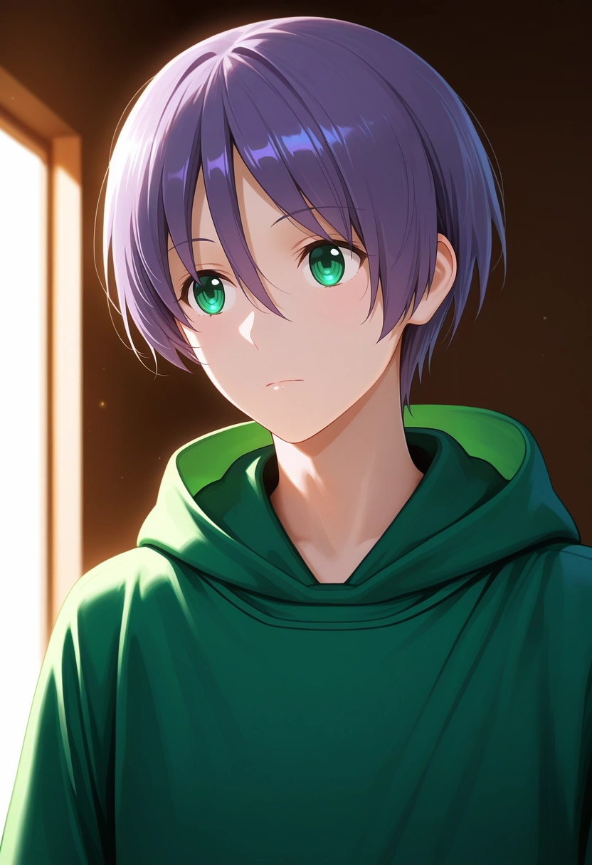 masterpiece, best quality, , semi-realistic,, 1boy, solo, male focus, <lora:nasa_yuzaki_ilxl:0.96>, nasa_yuzaki, purple hair, green eyes, short hair, hair between eyes, green hoodie, ,