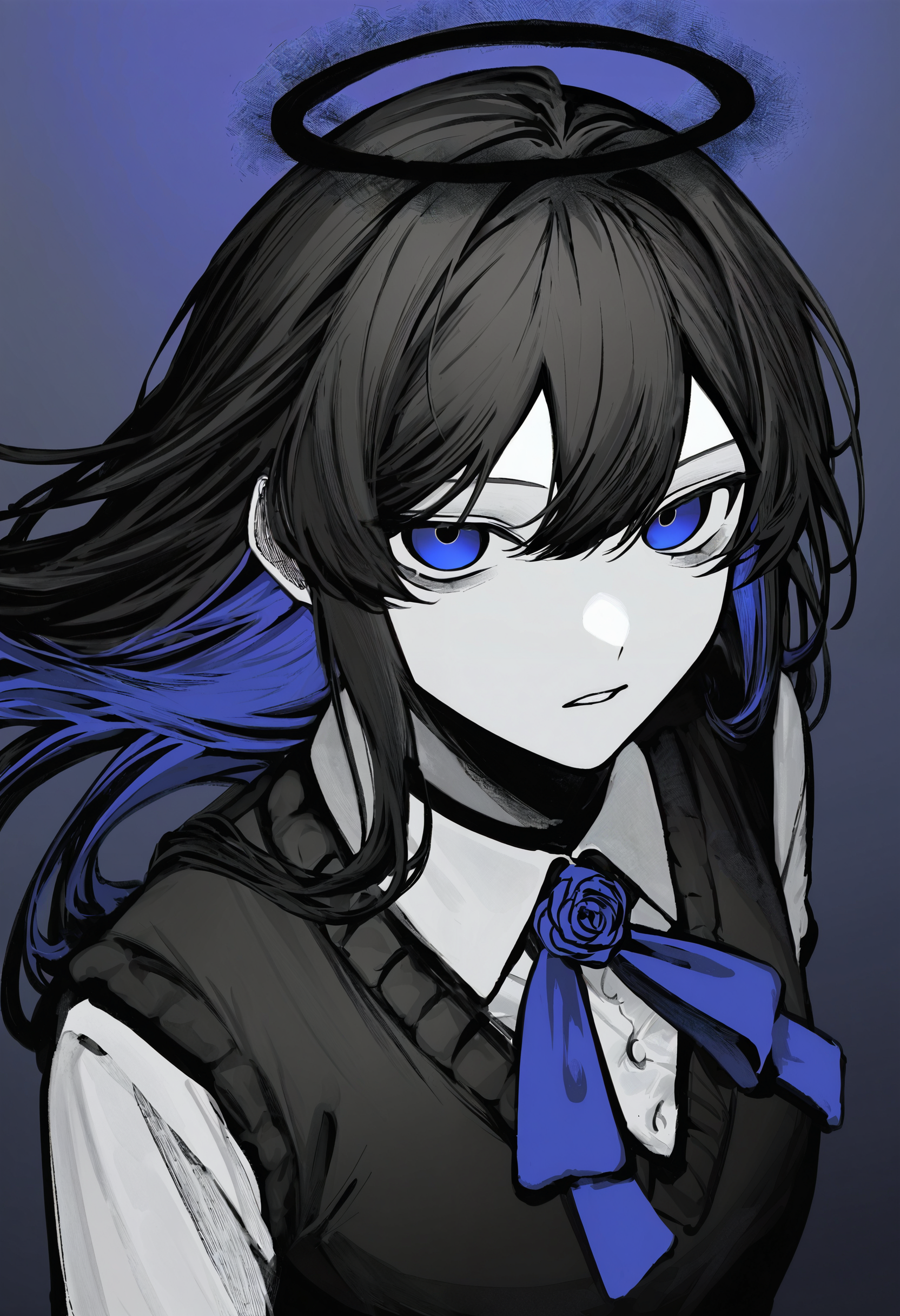 <lora:TnhocXQ=-noobaiXLNAIXL_epsilonPred_V110_V1-CAME>, Tnho, monochrome, greyscale, ado \(utaite\), 1girl, solo, long hair, blue background, halo, shirt, white shirt, blue eyes, blue hair, utaite, looking at viewer, collared shirt, upper body, sweater vest, long sleeves, multicolored hair, colored inner hair, simple background, floating hair, ribbon, black sweater vest, neck ribbon, black hair, blue ribbon, closed mouth, two-tone hair, gradient background, flower brooch, bow, black vest, bowtie, black halo, parted lips, hair between eyes, sidelocks