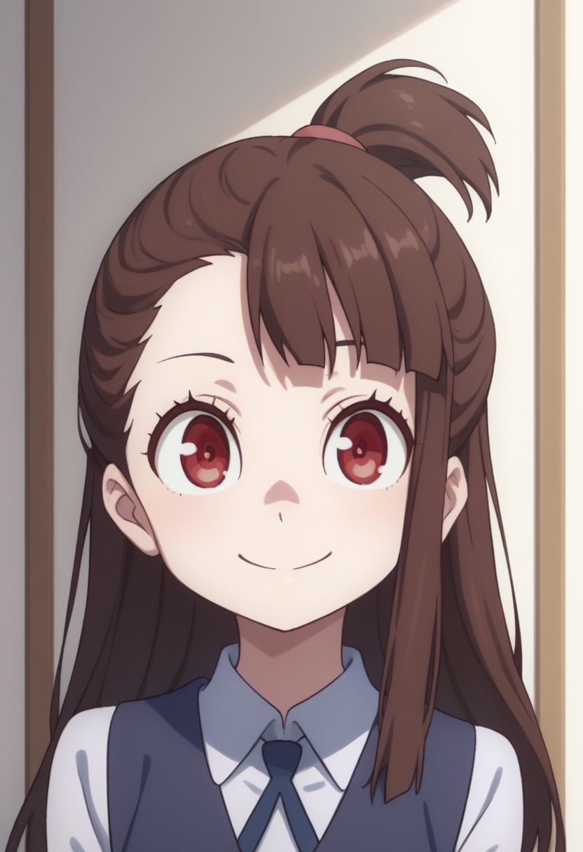 score_9, score_8_up, source_anime, highly detailed, 
akko, 1girl, solo, brown hair, luna nova school uniform, smile, long hair, looking at viewer, red eyes, upper body, school uniform, shirt, white shirt, asymmetrical bangs,