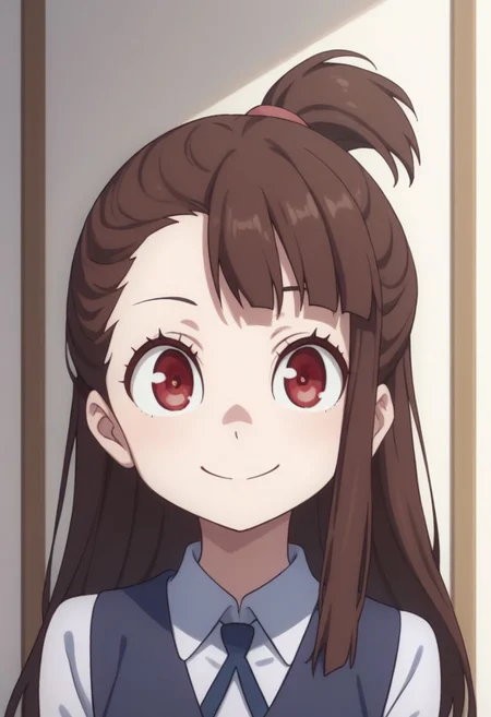 score_9, score_8_up, source_anime, highly detailed, 
akko, 1girl, solo, brown hair, luna nova school uniform, smile, long hair, looking at viewer, red eyes, upper body, school uniform, shirt, white shirt, asymmetrical bangs,