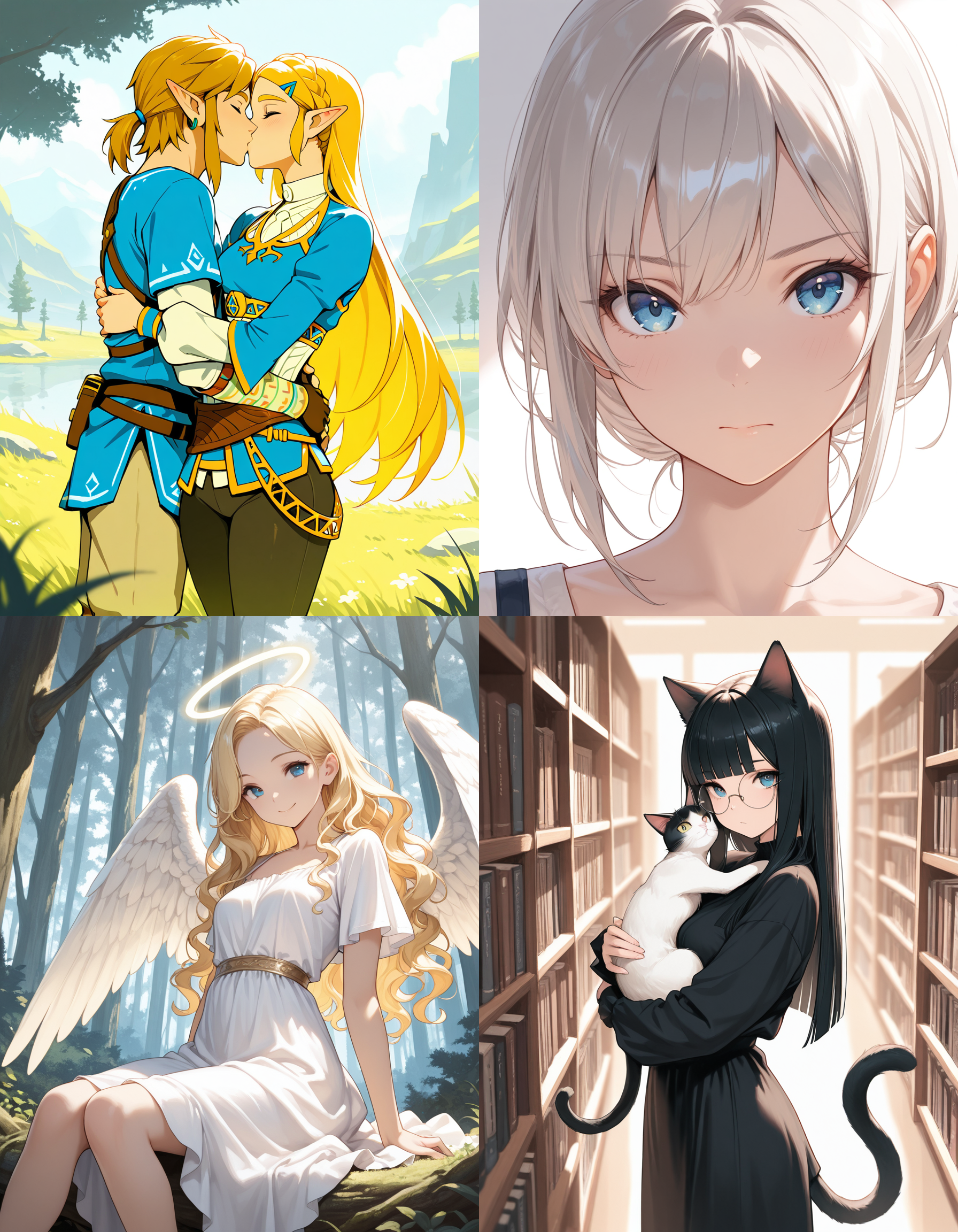 https://civitai.com/articles/8642 __ 1st image: masterpiece, best quality, 1girl, 1boy, princess zelda, the legend of zelda: breath of the wild, standing, kiss, hug, closed eyes, outdoors __ 2nd image: masterpiece, best quality, 1girl, face, portrait, looking at viewer, closed mouth __ 3rd image: masterpiece, best quality, 1girl, solo, blonde hair, wavy hair, angel, angel wings, halo, smile, sitting, forest, white dress __ 4th Image: masterpiece, best quality, 1girl, solo, long hair, black hair, blunt bangs, straight hair, round eyewear, cat girl, cat ears, cat tail, standing, hug, cat, looking at viewer, library