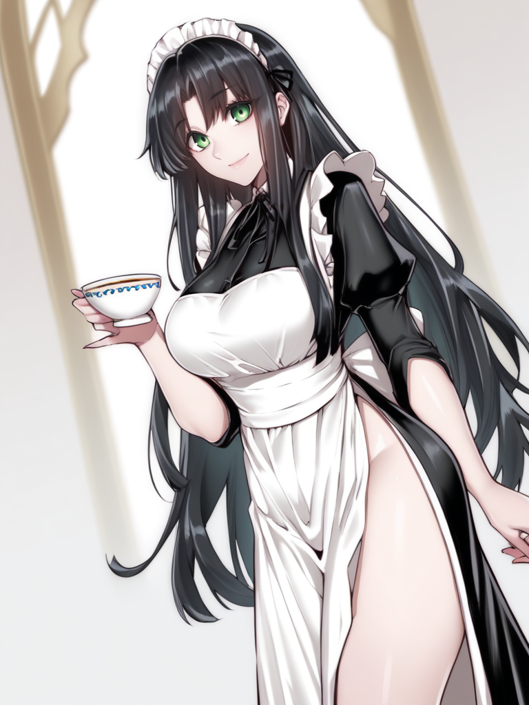 score_9, score_8_up, score_7_up, source_anime, maid, 1 girl, green eyes, black hair, long hair, dress, smile, tea cup, thick thighs, big breasts, big ass, warm light, dutch angle, cowboy shot, royal bedroom background, <lora:gggg-000009:1>