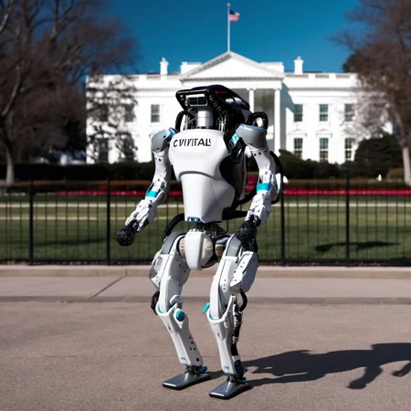 cinematic photo robot is a super secret agent in front of the white house (((text ''CIVITAI''))) <lora:Atlas1024-000160:0.8> . 35mm photograph, film, bokeh, professional, 4k, highly detailed