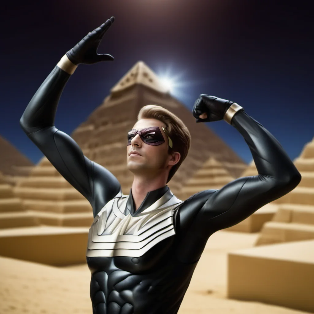 cinematic photo a man, ((full body)), with a mask in a superhero suit and cape, in a 80s egypt pyramids background<lora:Ozymandias1024-000450:0.8> . 35mm photograph, film, bokeh, professional, 4k, highly detailed