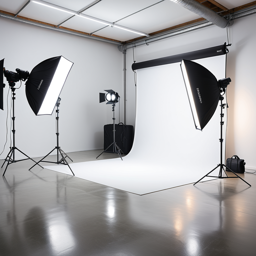 A professional photography studio with a clean and modern design. The space is open and spacious, with smooth white walls and a polished concrete floor. A large white backdrop extends across one wall, seamlessly curving into the floor to create an infinity effect. In front of the backdrop, a professional photography setup includes several pieces of equipment: a tripod-mounted DSLR camera positioned at the center, two large softbox lights on either side emitting a diffused, even glow, and a ring light mounted near the camera for additional lighting. A reflector disk and a light stand with a boom arm are placed nearby, adding to the setup.The atmosphere is organized and professional, with an emphasis on functionality and creativity. The lighting is bright and even, designed to create perfect conditions for capturing high-quality images.
<lora:SDXLFaeTastic2400:0.4> <lora:extremely_detailed:0.4> extremely detailed, Masterpiece,best quality,hi res,8k,hi res,8k,award winning,(sharp focus, intricate, highly detailed),