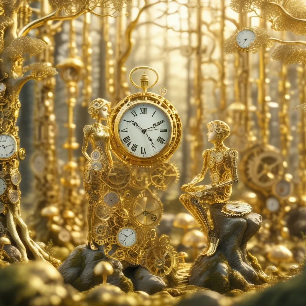 timeart golden clock lovers in forest<lora:timeart:1>