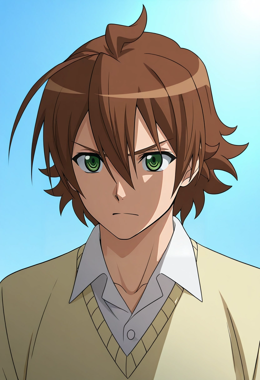 masterpiece, best quality, , (3d:0.4),, 1boy, solo, male focus, <lora:tatsumi_akame_ga_kill_ilxl:0.96>, tatsumi_akame_ga_kill, brown hair, green eyes, short hair, hair between eyes, ahoge, ,