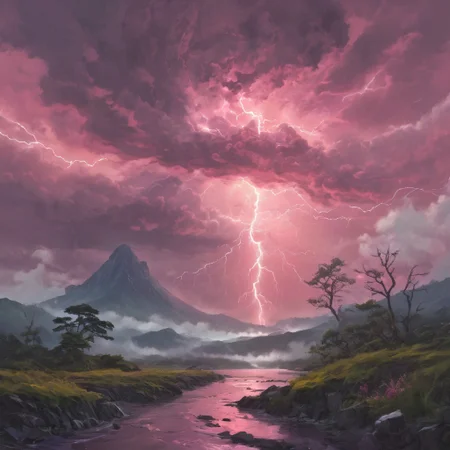 the storm is brewing in the sky, pink glow, sakura, (whirlwind of clouds), (night), rolling fog, rain, moonlight, (tall grass), (very strong wind), (mountaintops), (busy clouds), atmospheric, (reflections), [romantic impressionism, epic scenery art, beautiful oil matte painting, intense, beautiful digital painting, anime landscape, epic painting, dreamlike digital painting, colorful painting, beautiful gorgeous digital art, waves, faint rainbow, blue yellow green pink colored lightning bolts]