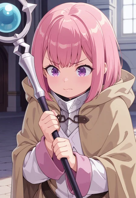 masterpiece,best quality,amazing quality, ashford lululee, pink hair, short hair, purple eyes, 1girl, solo, staff, holding, holding staff, cloak, closed mouth, medium hair, hood down, hood, v-shaped eyebrows