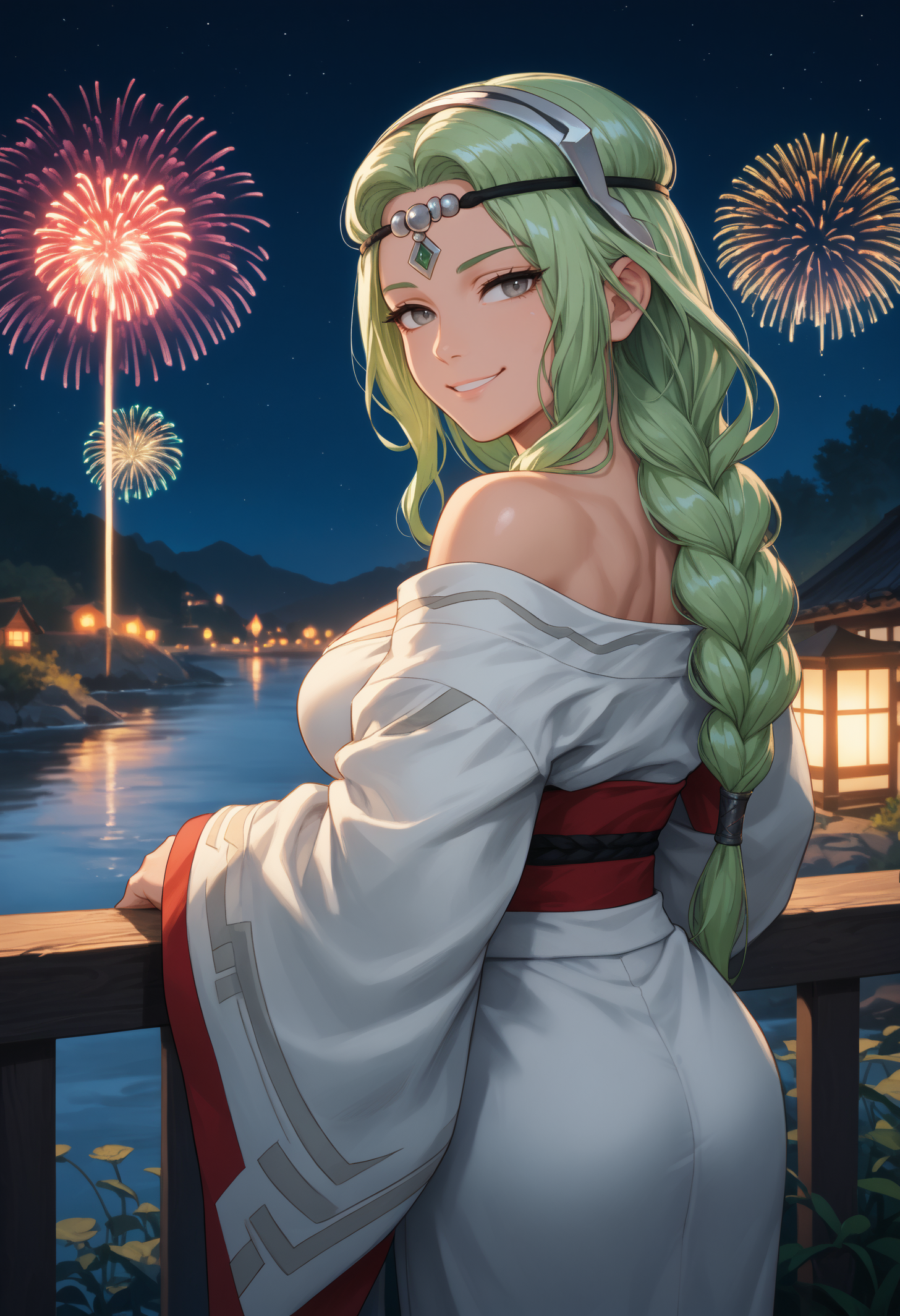 score_9, score_8_up, score_7_up, 1girl, FENottRND, grey eyes, green hair, long hair, single braid, large breasts, toned, 
grey circlet, white kimono, off-shoulder kimono, black glow,
looking at viewer, looking back, smile, smug, bedroom eyes, cowboy shot, rear view,
outdoors, night, dark, fireworks, river,
<lora:FENottPDXL_V1-Manityro-CAME:1.0>,