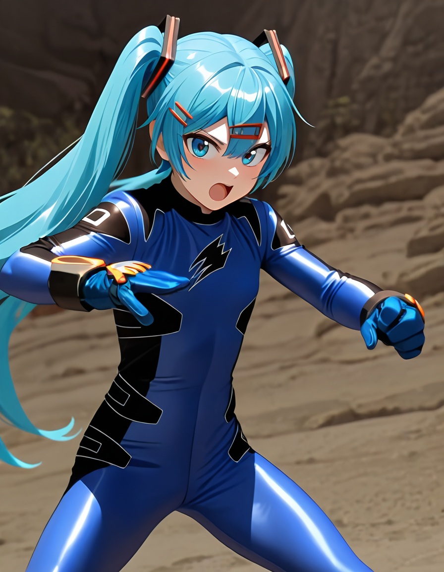 masterpiece, best quality, amazing quality, very aesthetic, absurdres, newest,shiny skin  (((anime screenshot:1))),  anime coloring,   hatsune miku,  twintails,  blue hair,  fighting stance,  hairclip  looking at viewer,  open mouth 1girl , flat chest, GEKIBLUE, robot, solo, GEKLUE bodysuit, GEKLUE gloves, GEKLUE boots, helmetless  <lora:Jungle_Fury__Gekiranger:1>