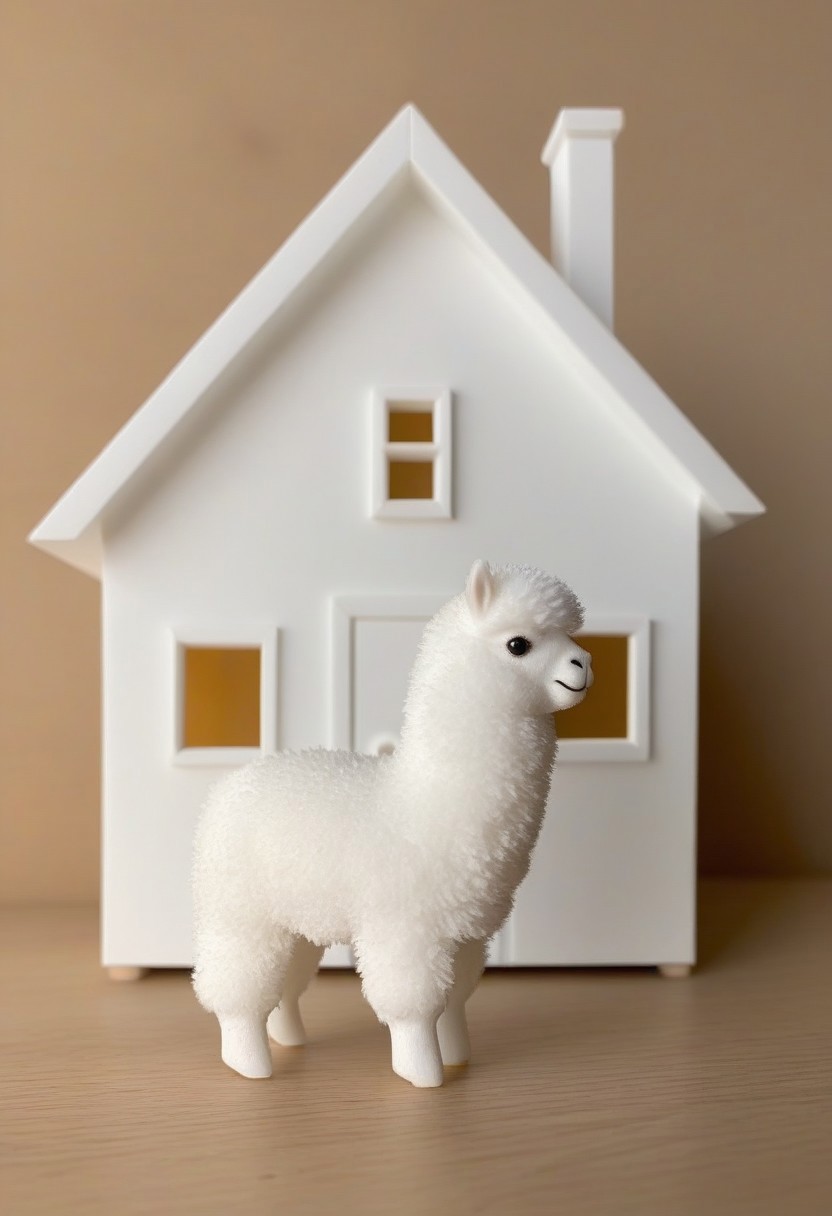 a fluffy miniature alpaca in 3d printed house