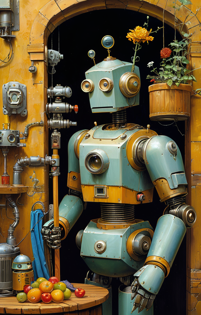 masterpiece,best quality,<lora:tbh330-sdxl:0.6>,illustration,style of James C. Christensen portrait of Housework robots