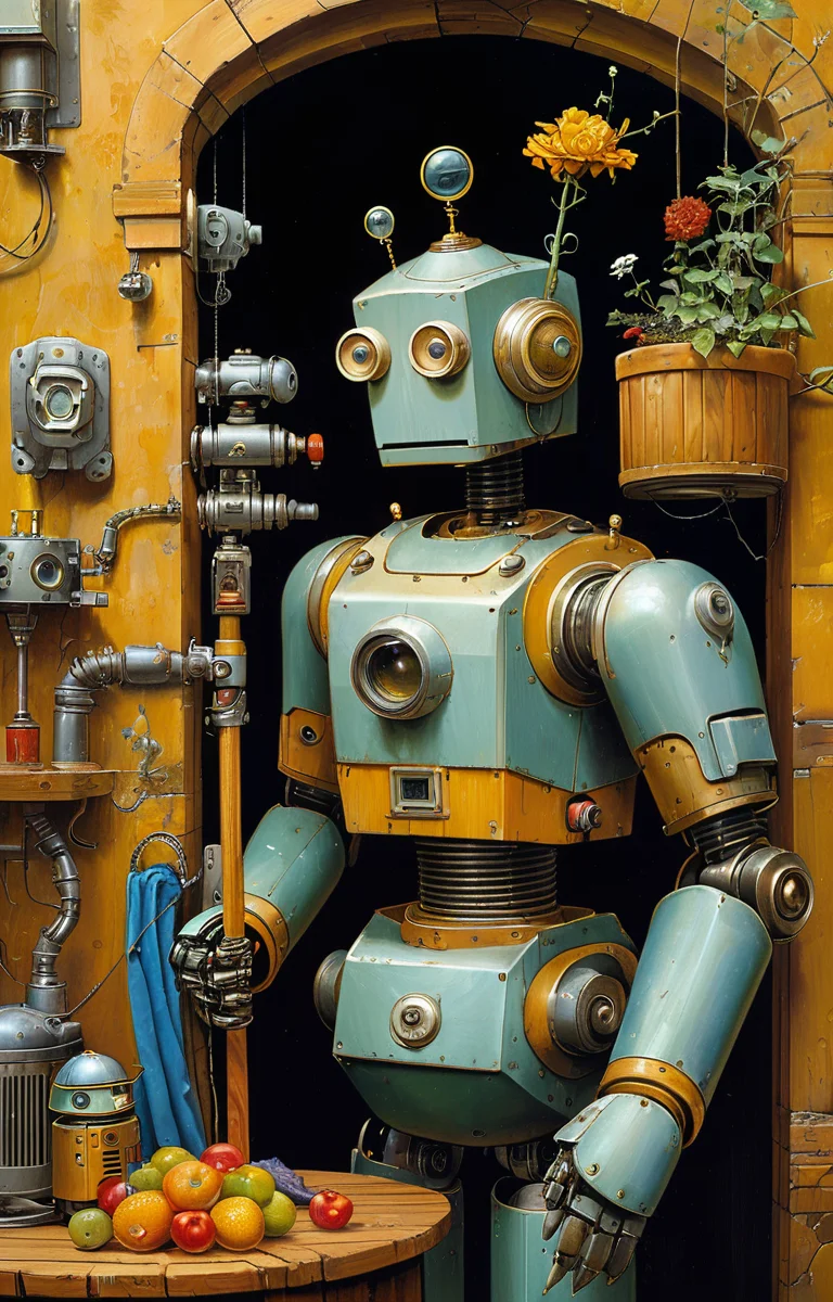 masterpiece,best quality,<lora:tbh330-sdxl:0.6>,illustration,style of James C. Christensen portrait of Housework robots