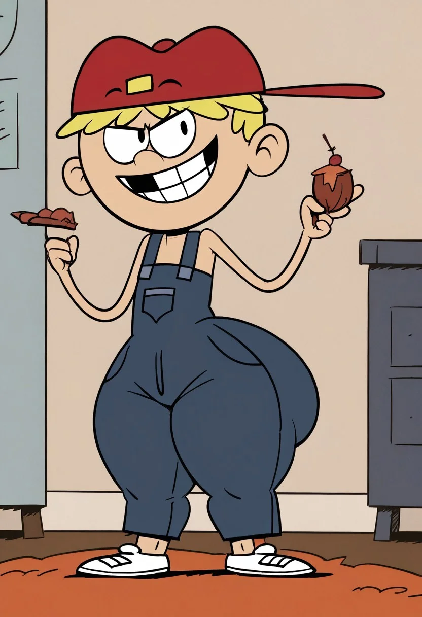 (score_9 | score_8_up | score_7_up) ((masterpiece:1))(best quality,very high quality,ultra detailed:1.2) (2D,cartoon style,anime style)(Smooth:2)(clean blurring) (four fingers on each hand,one thumb on each hand:1), Leif Loud, solo, 1boy, male, Blonde hair, missing teeth, red baseball cap facing backwards, blue overalls, white shoes, SB99 style, butt, mega butt, HUGE Butt, smug, evil smile, evil grin