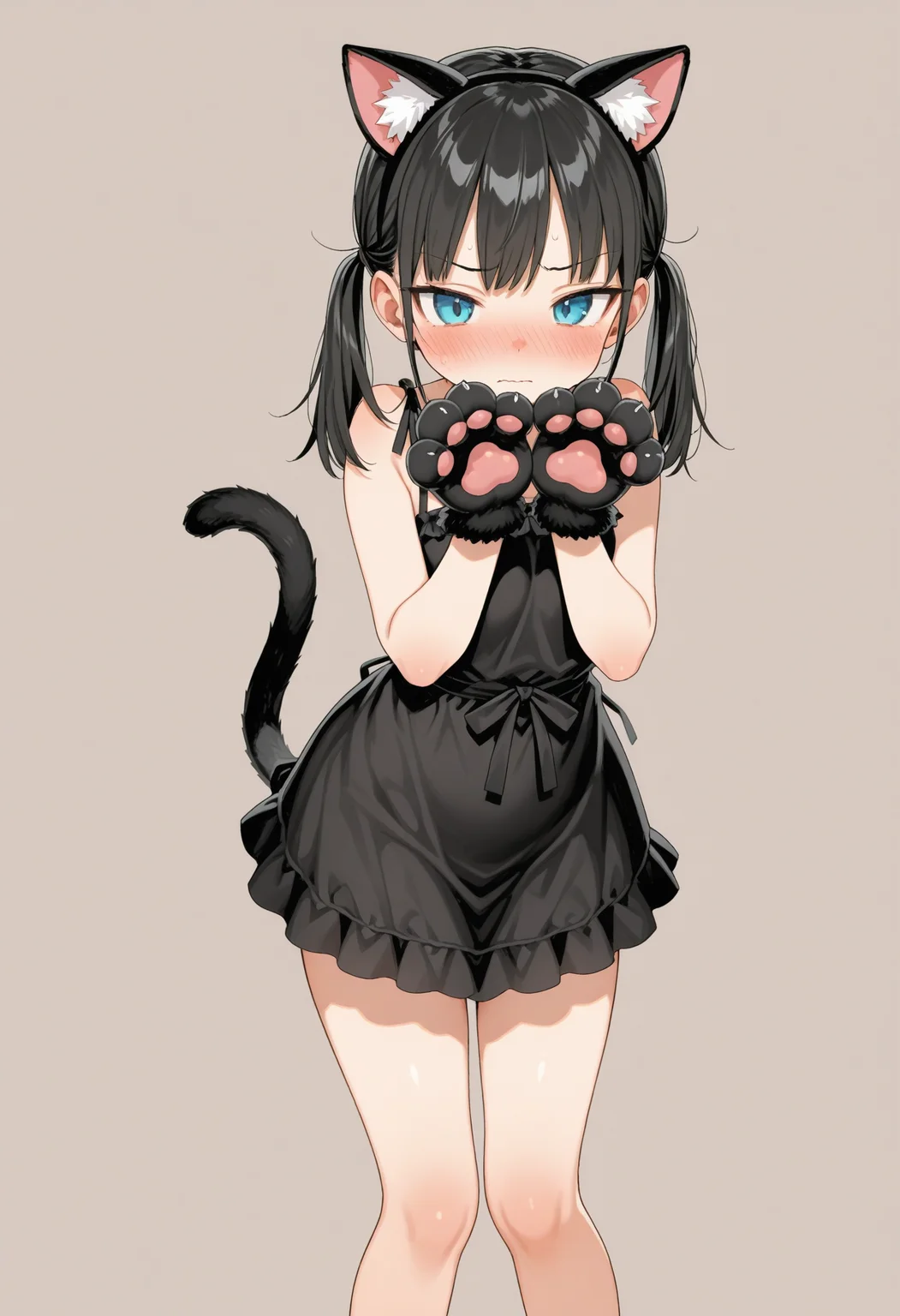 1girl,twintails,
simple background,sensitive,cat paw,fake cat ears,tsurime,feet out of frame, hands up,embarrassed, standing,
<lora:kuromoto2-000010:1>, ,best quality,absurdres,highres, <lora:NoobV065sHyperDmd:1>