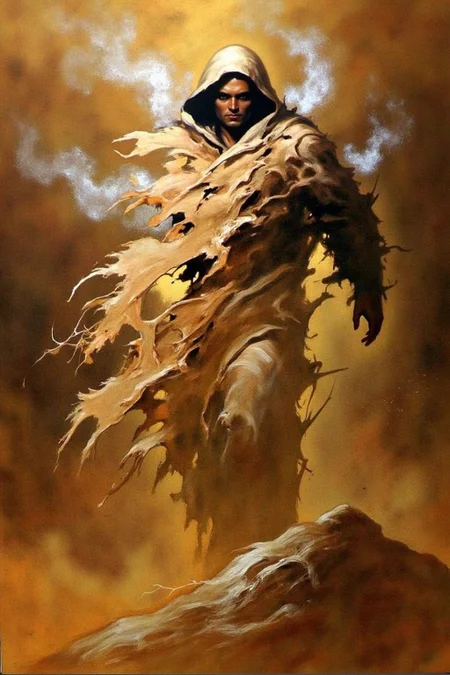 chenu1 illustration. A mystical and atmospheric painting of a hooded figure shrouded in tattered, flowing robes that blend with the swirling golden and brown background. The figure exudes an aura of mystery and power, with a piercing and confident gaze. The robes are weathered and torn, with dynamic textures that suggest movement as if caught in a supernatural wind. Ethereal white smoke or mist surrounds the figure, adding a magical and dreamlike quality. The overall tone is warm, with earthy colors dominating and a painterly, textured style emphasizing depth and realism <lora:chenu2_poster_cap_d6a3:1.0><lora:822572437460974949:0>