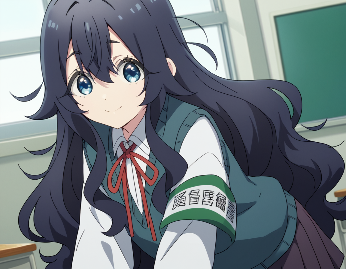 score_9, score_8_up, score_7_up, source_anime,
shizukayoshimoto, <lora:shizuka-yoshimoto-s1-ponyxl-lora-nochekaiser:1>,
shizuka yoshimoto, long hair, bangs, blue eyes, black hair, hair between eyes, wavy hair,
skirt, shirt, ribbon, school uniform, white shirt, pleated skirt, red ribbon, neck ribbon, armband, sweater vest,
indoors, classroom, bent over, smile,
looking at viewer, cowboy shot, dutch angle, solo,