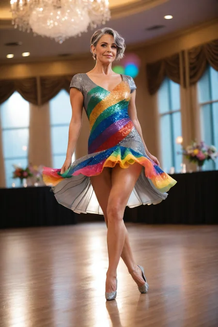 <lora:LCM_LoRA_Weights_SDXL>,Stable_Yogis_PDXL_Positives,a 48year old middle-aged Woman,from canadian, light wet skin, gray eyes,short fiery Hairs, Shaggy haircut, freckles,,(wearing a rainbow print Metallic Silver, Dark Silver,fitted, cap-sleeve dress with a tiered skirt made of soft organza, performing a beautiful tango in a ballroom atmosphere),a dancer glides across the floor, their movements fluid and captivating,a beautifully decorated wedding dance floor, complete with floral arrangements and twinkling lights,(full body photo:1.4),(full body:1.4),(full shot:1.4),(full body shot:1.4),,(from below:1.7),(upshorts:1.2),, (highly detailed skin with hairs:1.1),(detailed skin:1.1),detailed face,(detailed eyes:1.1),very high intricate detailing,sharp focus,Masterpiece,best quality,photo,realistic,very aesthetic,