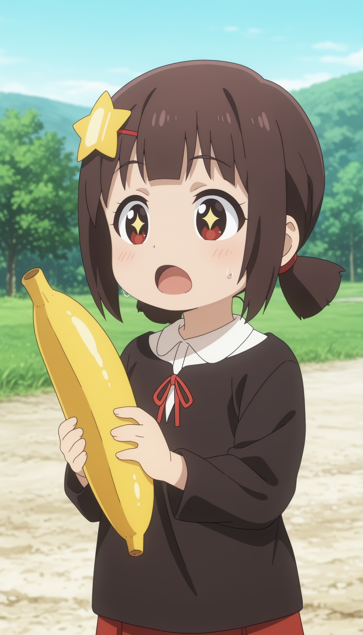 1girl, girl, komekko, shorty, child girl, holds a banana in hand, sweat, looks with admiration, stars in eyes, open mouth, looking at a banana,   cowboy shot, outdoors,   <lora:Megumin_komekko_yuiyui_yunyun_kazuma-PDXL_illustrious_v5:1>