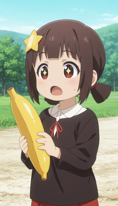 1girl, girl, komekko, shorty, child girl, holds a banana in hand, sweat, looks with admiration, stars in eyes, open mouth, looking at a banana, cowboy shot, outdoors, <lora:Megumin_komekko_yuiyui_yunyun_kazuma-PDXL_illustrious_v5:1>