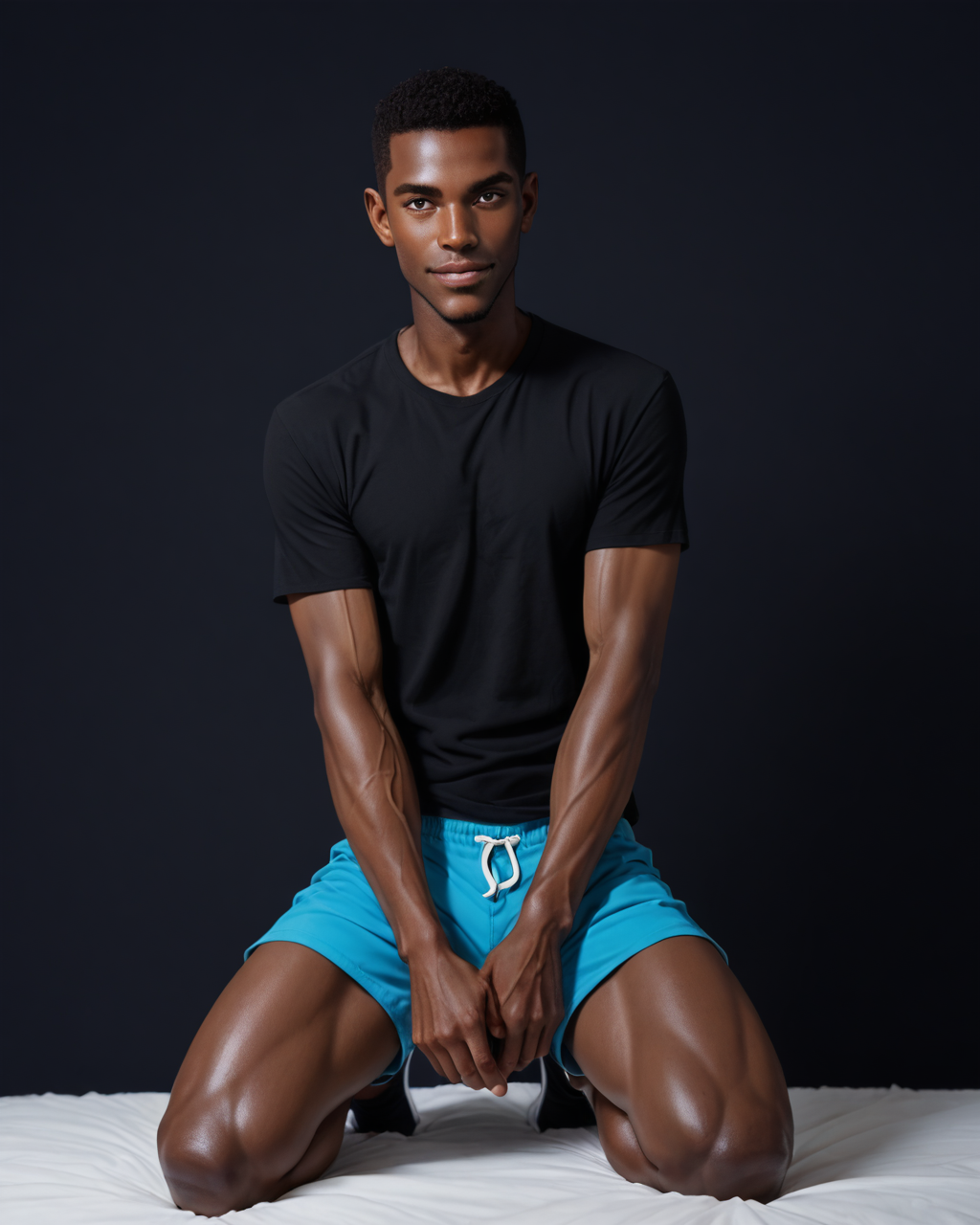 score_9, score_8_up, score_7_up, score_6_up, score_5_up, score_4_up, rating_questionable, 
<lora:Jabstyle_AMXLV1:1>,Jabstyle,
intricately detailed, photo studio with black backdrop, black background,
1boy(human, glistening skin, handsome, sexy, seductive, posing, looking at the viewer, friendly expression, kneeling,
black skin, african, 
bodybuilder, 
loose t-shirt, shorts),
depth of field, 
<lora:xl_more_art-full_v1:0.4>,
<lora:add-detail-xl:0.4>
