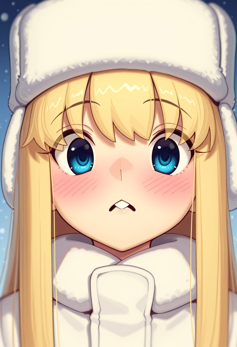 boa, digital illustration, charact portrait, depth of field, pastel coloring(medium),
blonde hair, very long hair, blushing, face focus, buck teeth, looking at viewer, ushanka, mittens, winter coat